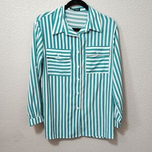 Shein Oversize Teal and White Striped Button-Up Shirt Blouse Rollup Long Sleeves